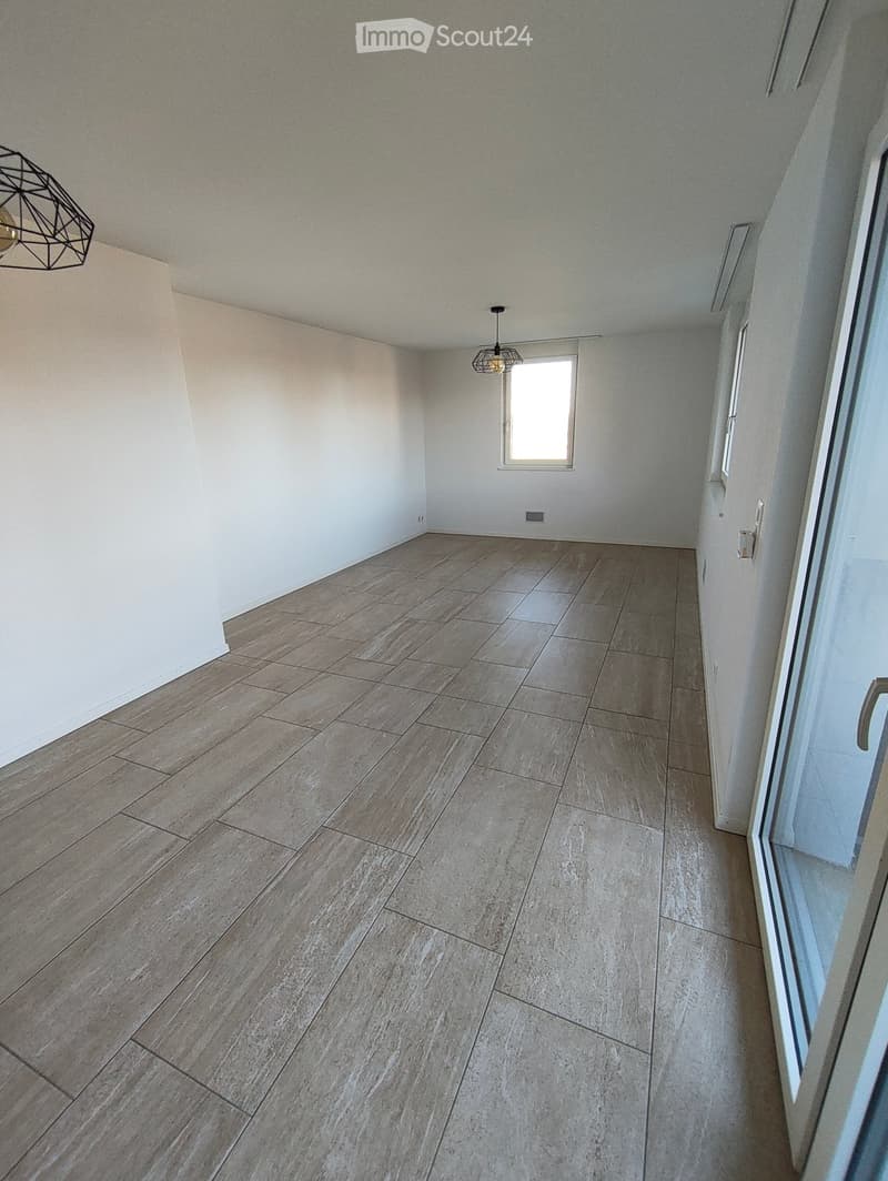 Empty hallway with light-colored walls, wooden flooring, and two pendant lights. There is a small window and a door visible.