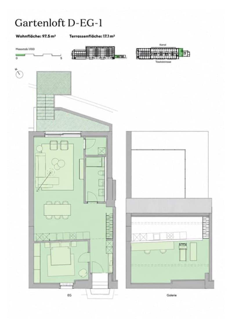 Floor plan of a garden loft with living area, kitchen, bedroom, bathroom, and balcony.