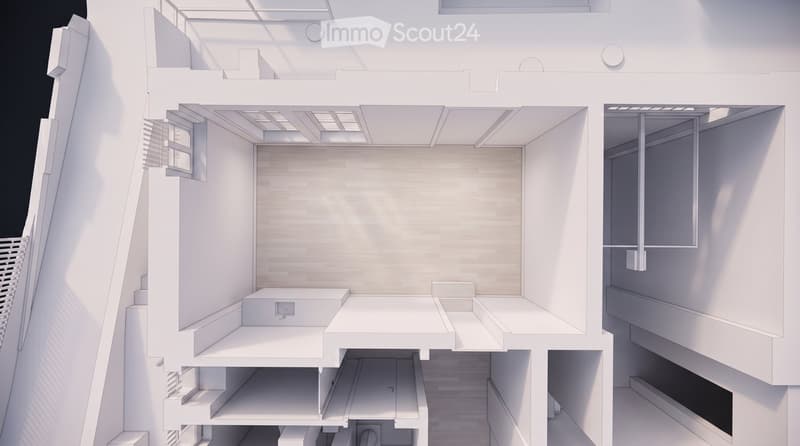 3D floor plan of a modern residential unit with open-plan living and dining area, kitchen, bedroom, and bathroom. Features include large windows, balcony access, and built-in storage.