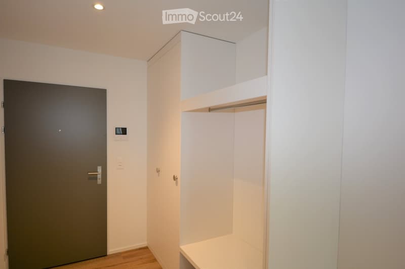 Empty room with white walls, wooden floor, built-in closet with shelves, and a closed door.