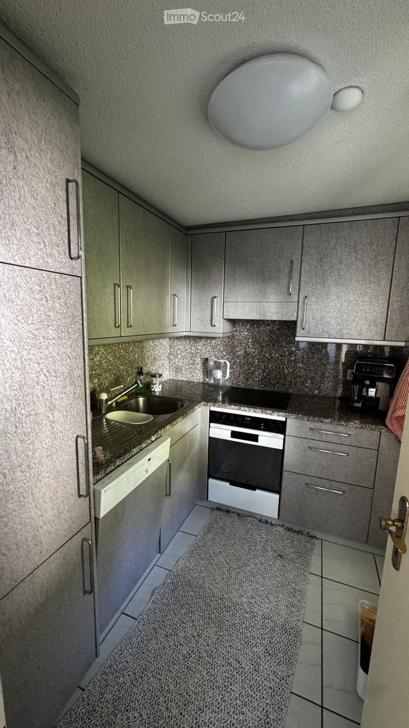 Modern kitchen with grey cabinets, granite countertops, stainless steel appliances, and a round ceiling light.