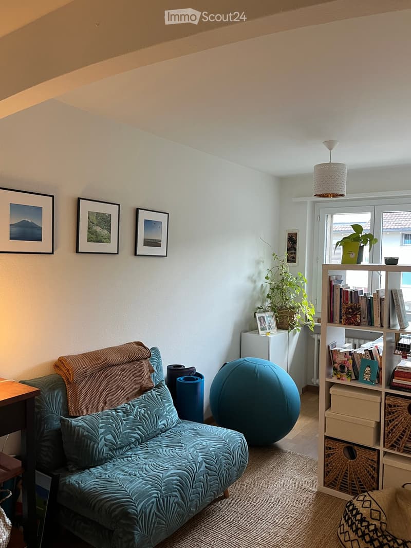 A cozy living room with a teal upholstered sofa, a large blue exercise ball, a wooden side table, a bookshelf filled with books and decorative items, and framed pictures on the wall. Natural light streams in from a window with a plant on the sill.