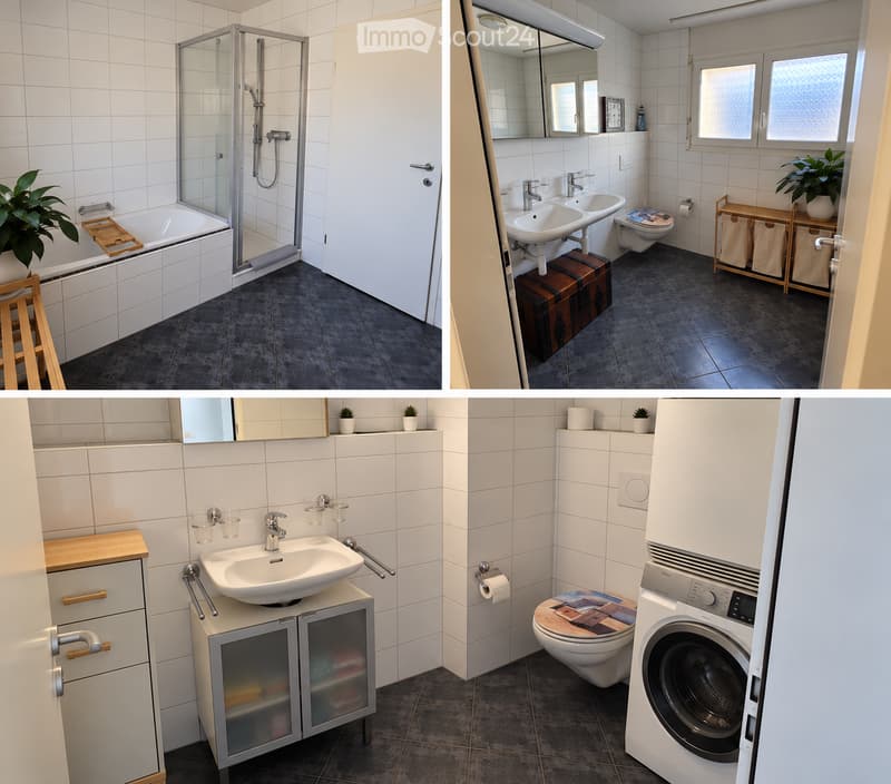 Four images of a modern bathroom with white tiles, a bathtub, shower, sink, toilet, and a washing machine. Includes a wooden cabinet, mirror, and small plants.