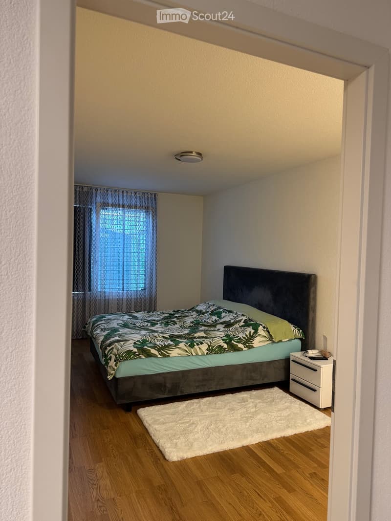 Cozy bedroom with wooden flooring, a large bed with a dark headboard and green and white bedding, a white shag rug, and a white nightstand with drawers.