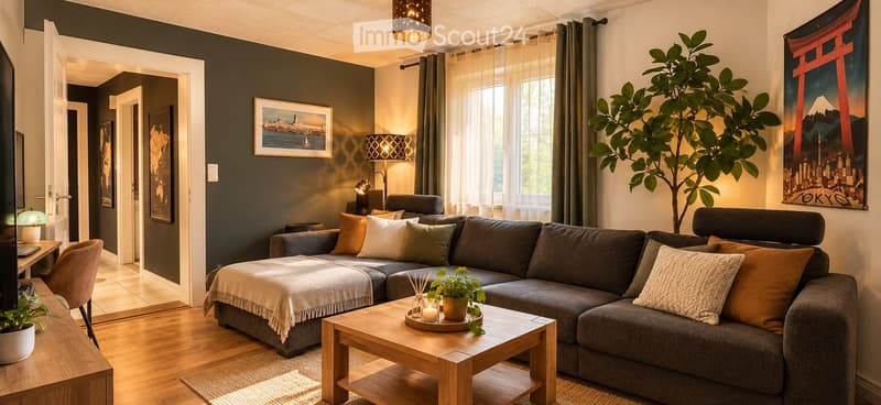 Modern living room with dark green walls, grey sectional sofa, wooden coffee table, throw blanket, decorative pillows, and a potted plant. Features include a large window with sheer curtains, a wall-mounted lamp, and a framed picture on the wall.