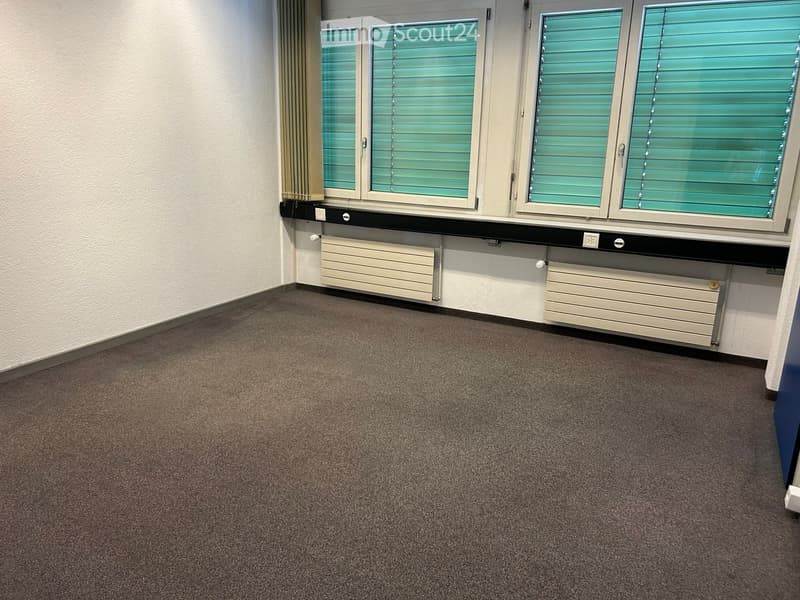 Empty room with carpeted floor, white walls, large windows with blinds, and radiators under the windows.