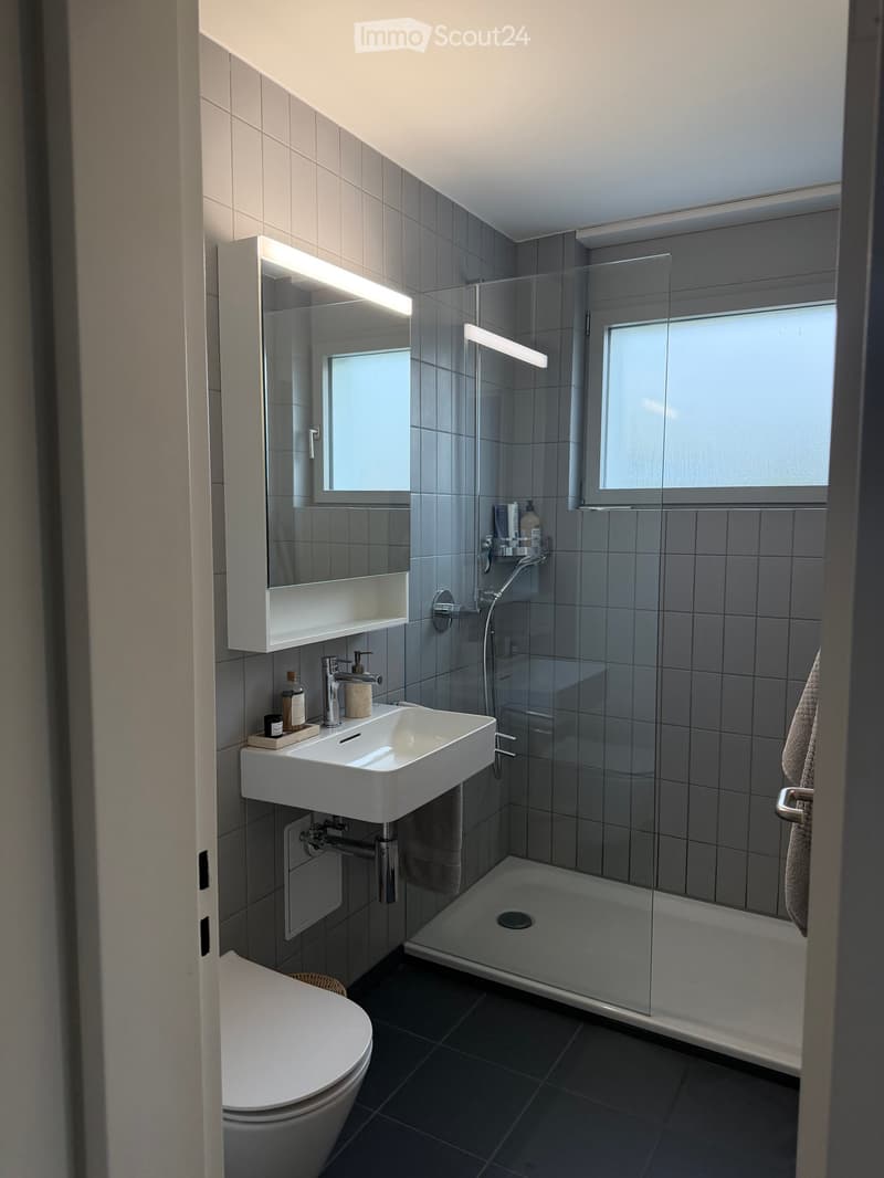 Modern bathroom with a white sink, chrome faucet, large mirror with built-in lighting, a glass-enclosed shower, and a toilet. The walls are tiled in gray, and the floor is dark gray.