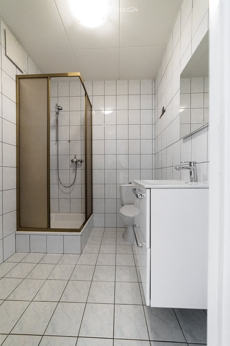 Modern bathroom with white tiles, a shower with a glass door, a toilet, a sink with a faucet, and a mirror above the sink.
