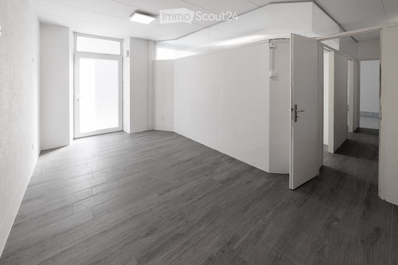 Empty hallway with white walls, wooden flooring, and multiple doors leading to other rooms.