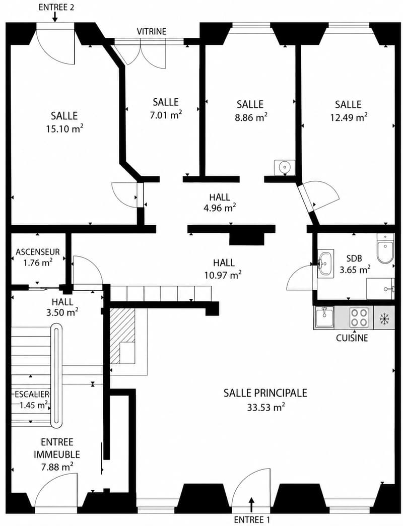 Floor plan of a residential space with multiple rooms including a main living area, several smaller rooms, a kitchen, a bathroom, and an elevator.
