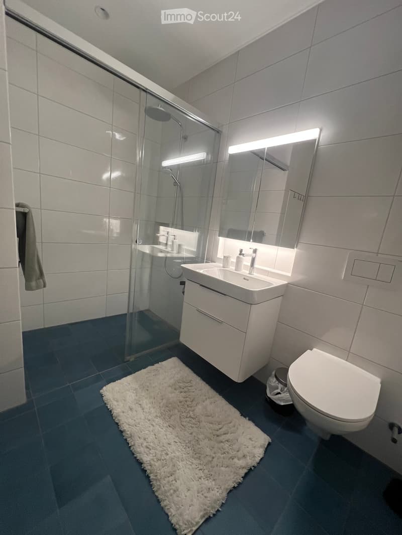 Modern bathroom with white tiles, a glass-enclosed shower, a white sink with a mirror, a toilet, and a fluffy white rug on the floor.