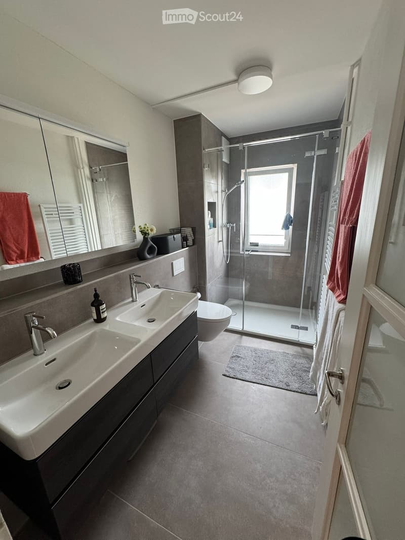 Modern bathroom with double sink, large mirror, toilet, glass-enclosed shower, and decorative items on the counter.