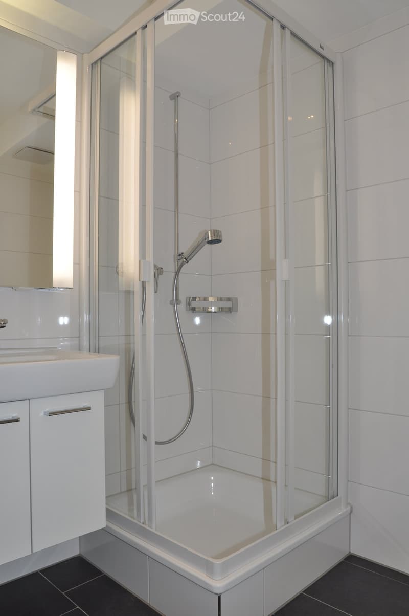 Modern bathroom with a white tiled shower enclosure, a sink with a cabinet, and a sleek chrome showerhead.