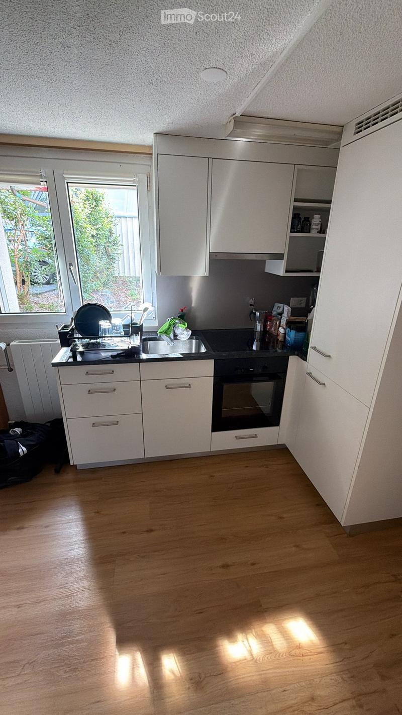 Modern kitchen with white cabinets, black countertop, and wooden flooring. Features a sink, oven, and various kitchen items on the counter.