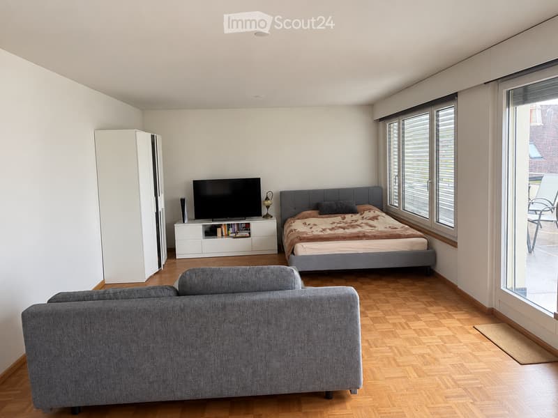 Modern bedroom with a grey sofa, a bed with a patterned duvet, a television on a white stand, a small table with a lamp, and a large wardrobe. The room features wooden flooring and large windows with blinds.