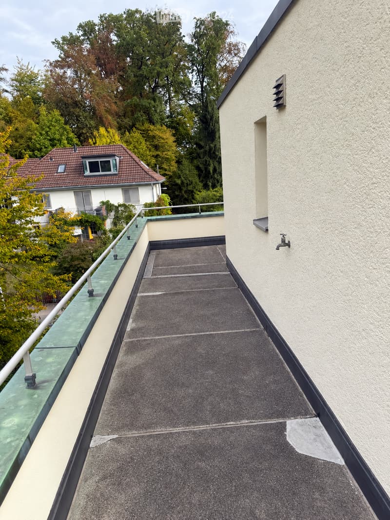 Roof terrace with grey tiled surface, glass railing, and a view of surrounding trees and neighboring house.