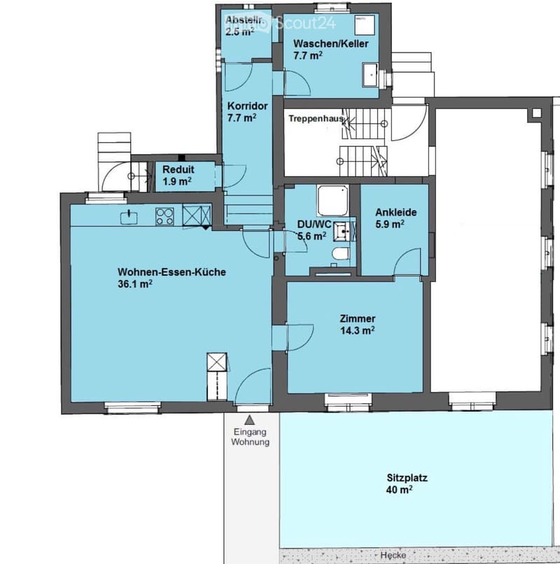 Floor plan of a 2-room apartment with a combined living-dining-kitchen area, bedroom, bathroom, hallway, storage, and outdoor seating area.