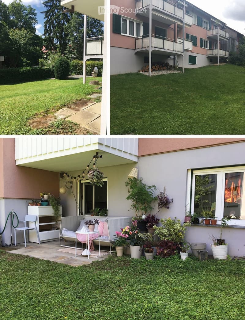 Four images showing a residential property with a well-maintained garden, a covered patio area, and a multi-story building with balconies and greenery.