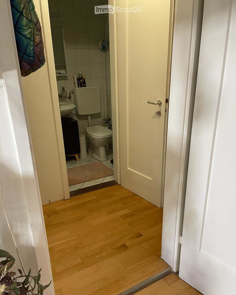 Bathroom with white tiled walls, a toilet, sink, mirror, and a small cabinet. The floor is tiled, and a brown rug is placed in front of the toilet.