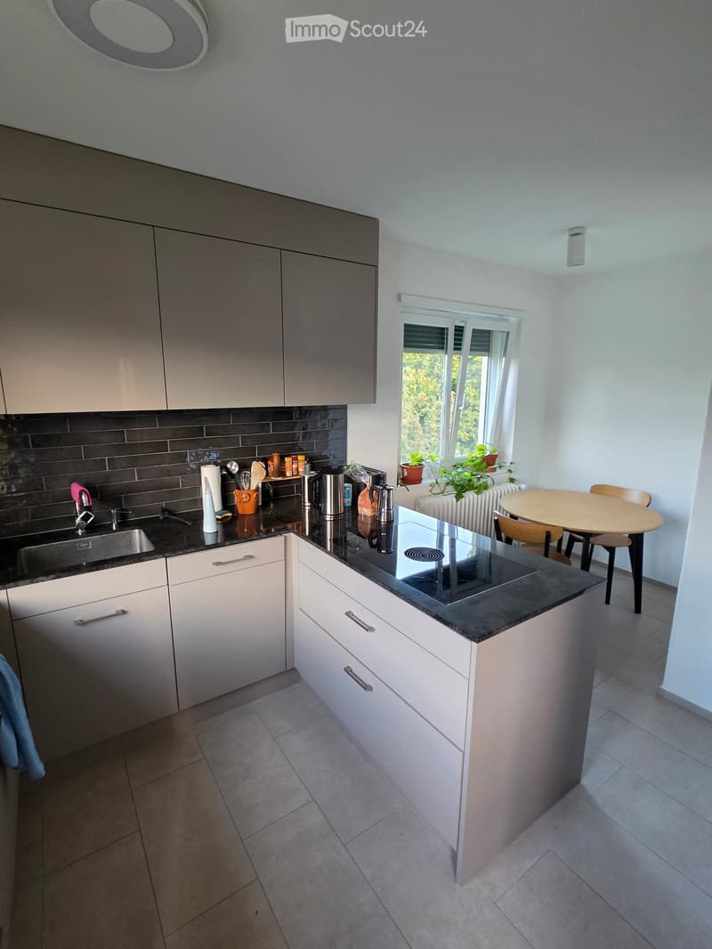 Modern kitchen with white cabinets, black countertop, induction stove, sink, and small dining area with table and chairs. Plants on windowsill.