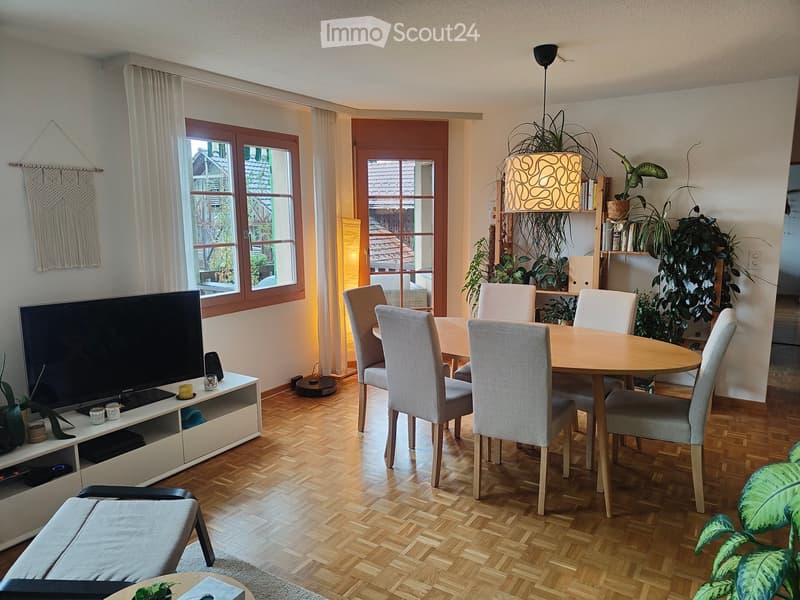 Open-plan living and dining area with wooden flooring, large windows, a round dining table with six chairs, a TV on a stand, a small stool, and several potted plants.