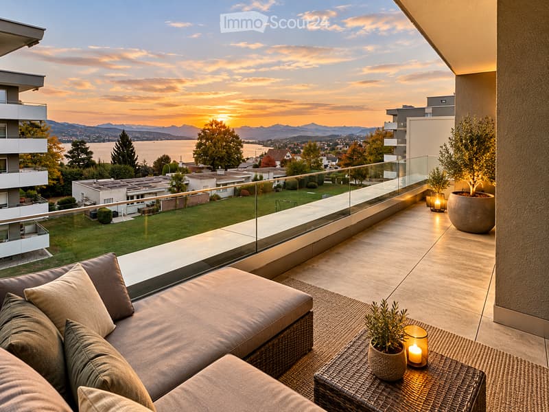 Modern balcony with a view of a lake and mountains at sunset, featuring a wicker sofa, a small table with a candle, and potted plants.