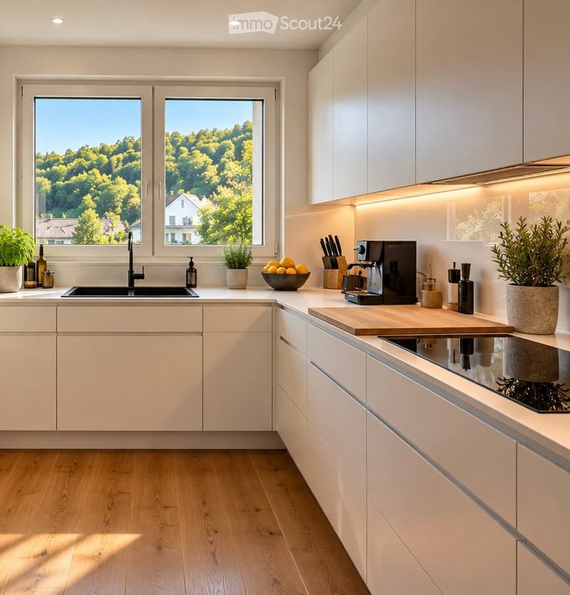 Modern kitchen with white cabinets, wooden floor, large windows overlooking a green landscape, and various appliances and decor items.