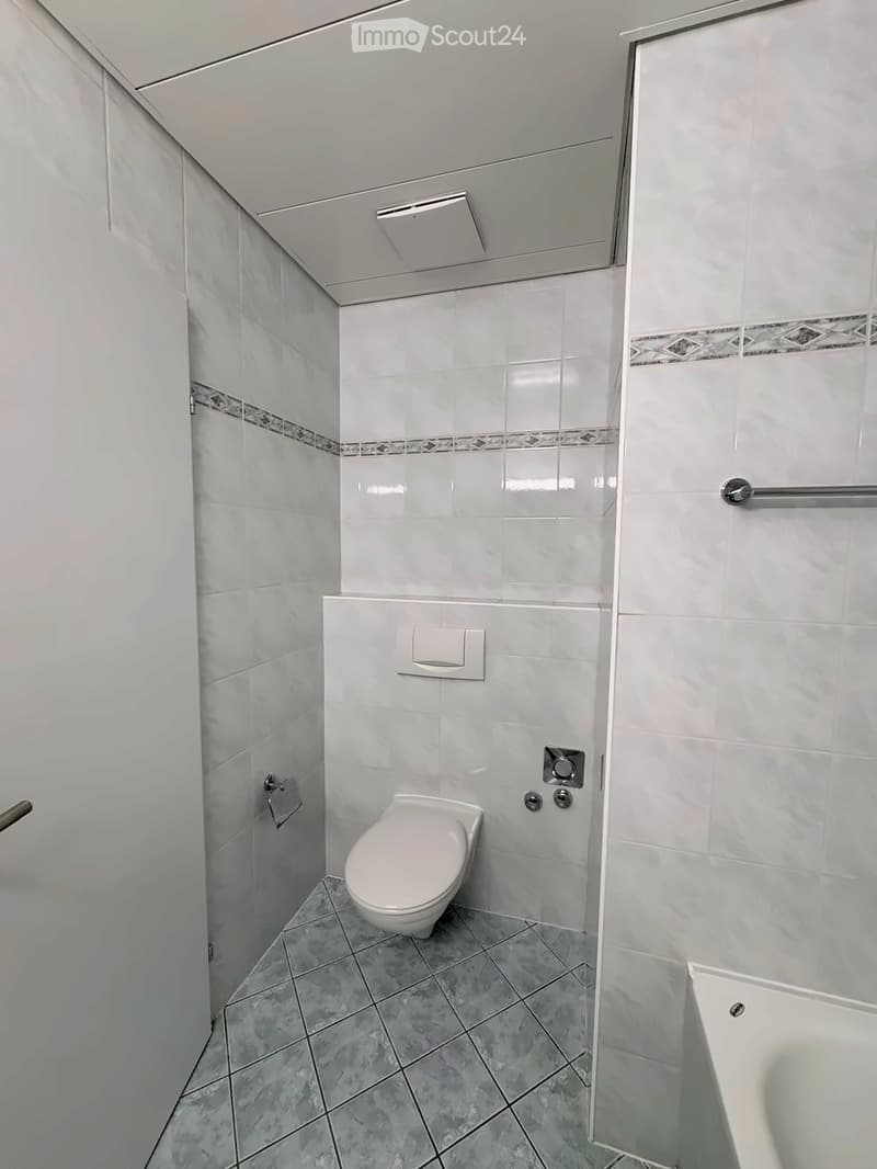 Modern bathroom with white tiled walls, grey tiled floor, toilet, bathtub, and handrail.