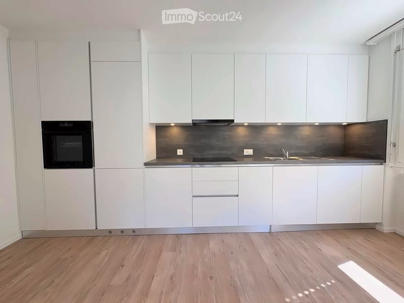 Modern kitchen with white cabinets, stainless steel sink, oven, and wooden flooring.