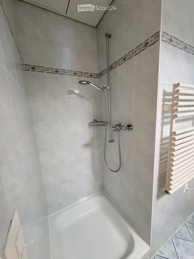 Modern bathroom with white tiles, a shower area, a radiator, and a sleek chrome showerhead.