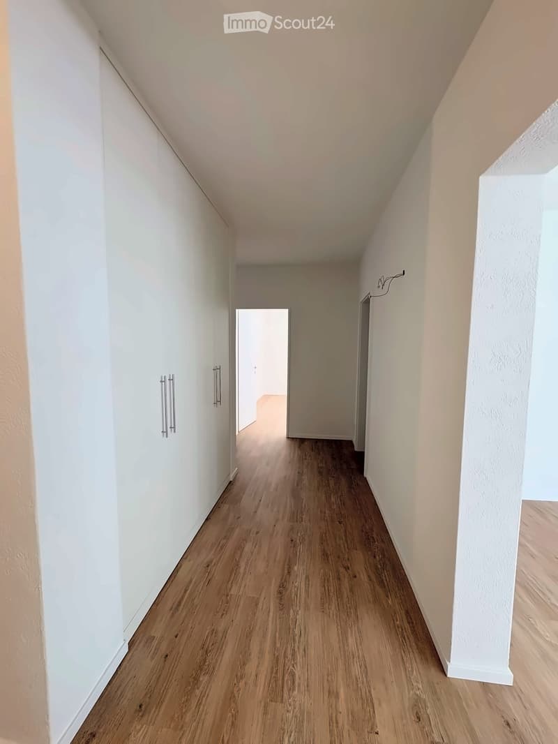 A narrow hallway with light wooden flooring and white walls, featuring a slanted ceiling and a door at the end.