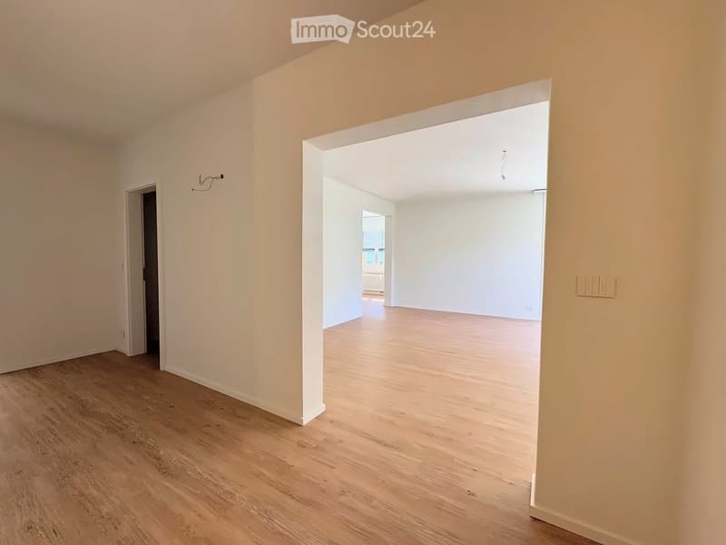 Empty room with light wooden flooring and white walls, featuring an open doorway leading to another room.