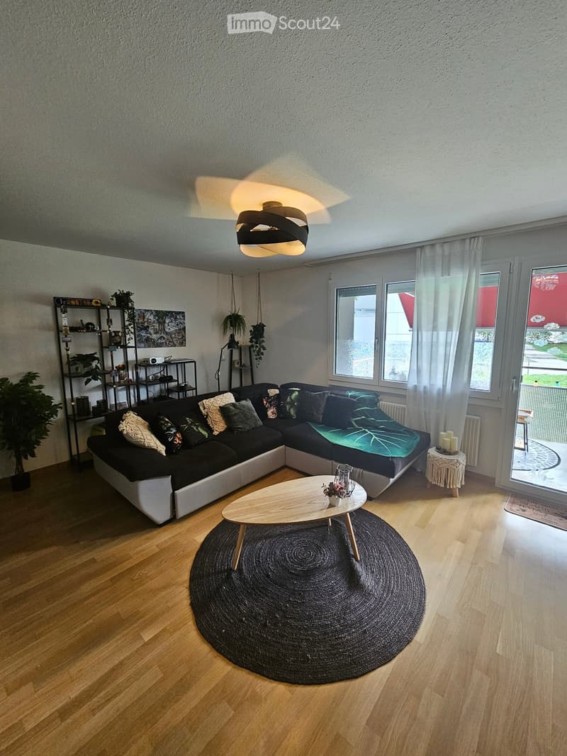 Modern living room with wooden flooring, large sectional sofa, coffee table, side table, floor lamp, shelves with plants and decor, and large windows with sheer curtains.