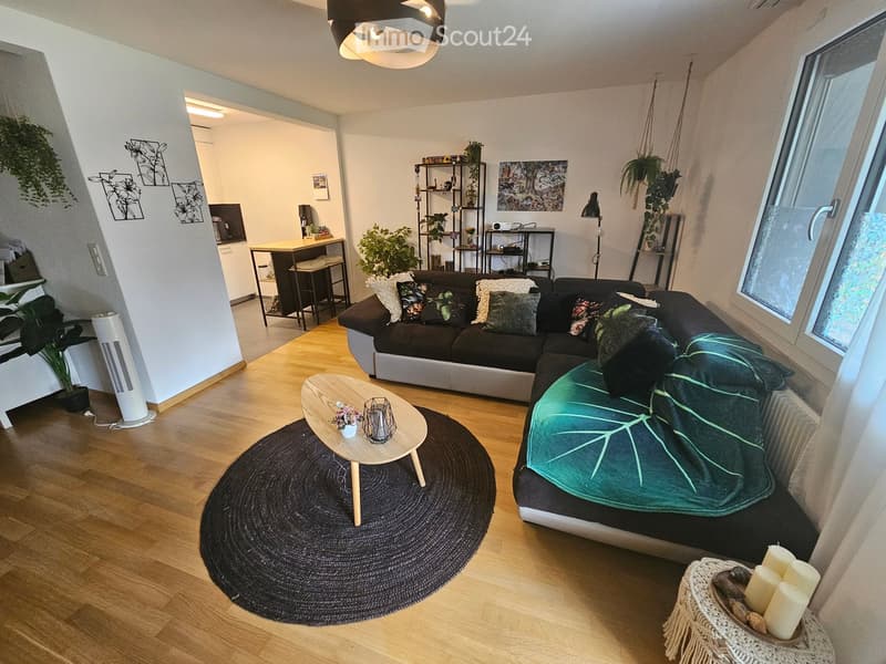 Modern living room with a dark sectional sofa, wooden coffee table, round black rug, hanging plants, and a small dining area visible in the background.