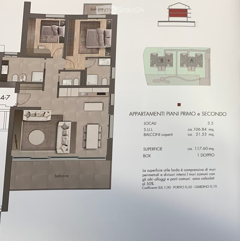 Floor plan of a 3.5-room apartment with 106.84 m² usable area, including two bedrooms, a living area, and two balconies.