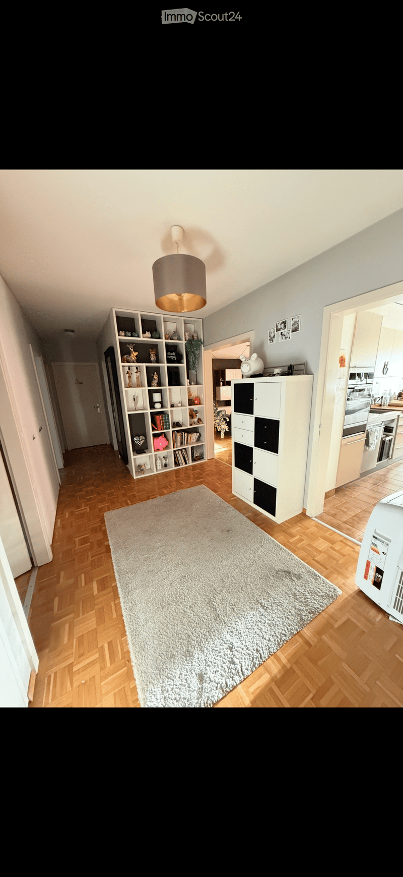 A modern hallway with wooden flooring, a large white shelf filled with books and decorative items, a soft grey rug, a hanging lamp, and an open kitchen area with white cabinets and stainless steel appliances.