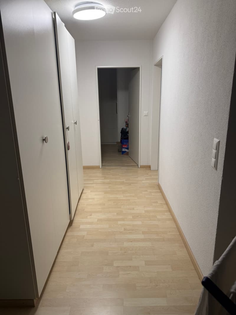 A clean, well-lit hallway with light wooden flooring, white walls, and a recessed ceiling light. There are two doors visible, one on each side, and a small open doorway at the end leading to another room.
