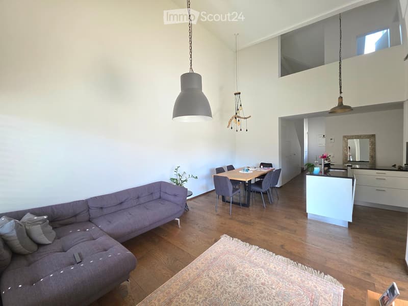 Open-plan living and dining area with a grey sectional sofa, wooden dining table with chairs, kitchen island, pendant lights, and a patterned rug.