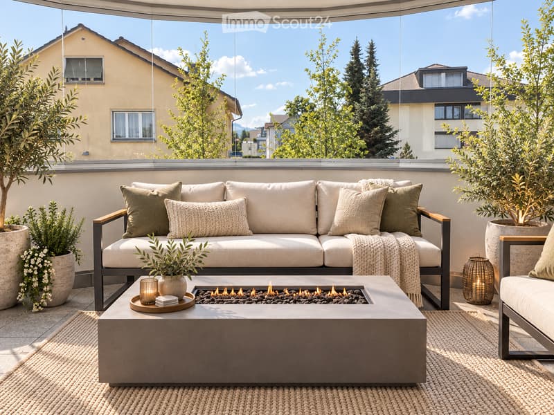 A modern outdoor terrace with a beige sofa, fireplace table, cushions, throw blanket, and potted plants.