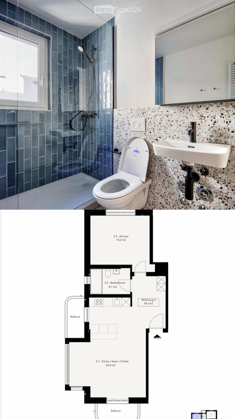 Floor plan of a residential unit showing a kitchen, living room, two bedrooms, and a bathroom. The bathroom features a toilet, sink, and shower.