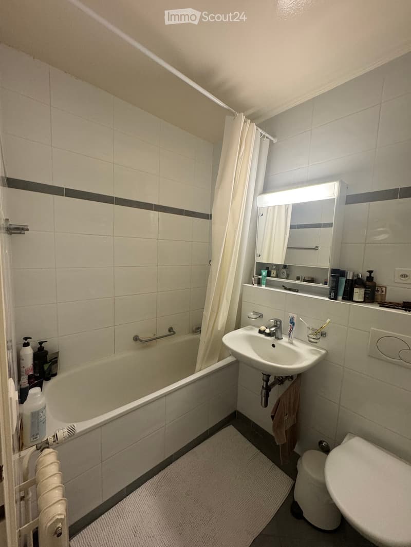 Bathroom with a bathtub, sink, mirror, toilet, shower curtain, and various toiletries. Includes a towel on the floor and a radiator on the wall.