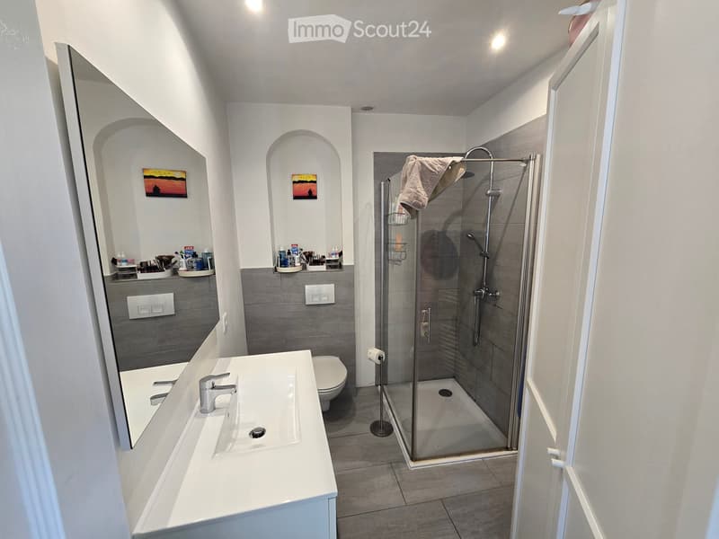 Modern bathroom with a white sink, chrome faucet, toilet, glass-enclosed shower, and a large mirror. The walls are white with grey tiles in the shower area, and there are decorative paintings on the wall.