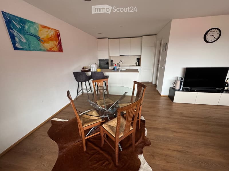 Modern open-plan living and dining area with a glass dining table, wooden chairs, kitchen area with cabinets, sink, and a television on a stand.