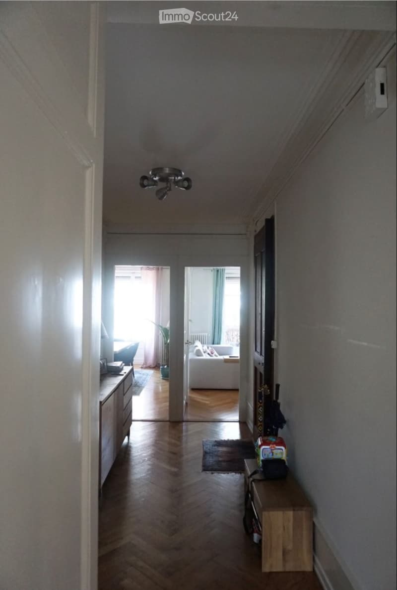 A well-lit hallway with wooden flooring, a ceiling light fixture, and access to a living room area with a sofa and coffee table.