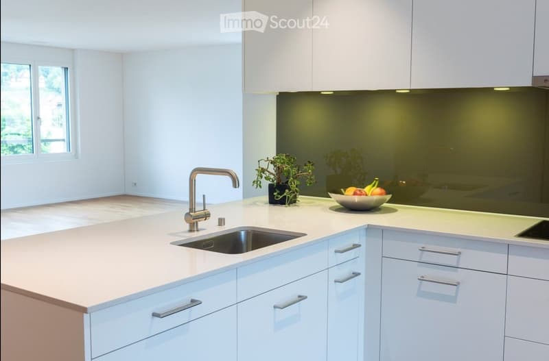 Modern kitchen with white cabinets, light countertops, and a stainless steel sink. A bowl of fruit and a small potted plant are placed on the counter.