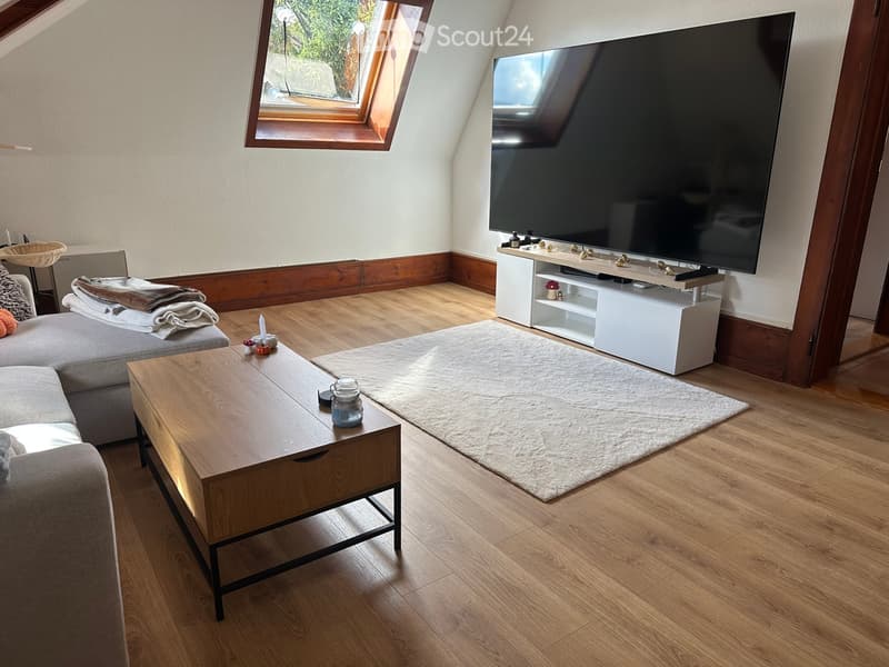Modern living room with wooden flooring, a large flat-screen TV on a white stand, a grey sectional sofa, a wooden coffee table, and a white shag rug.