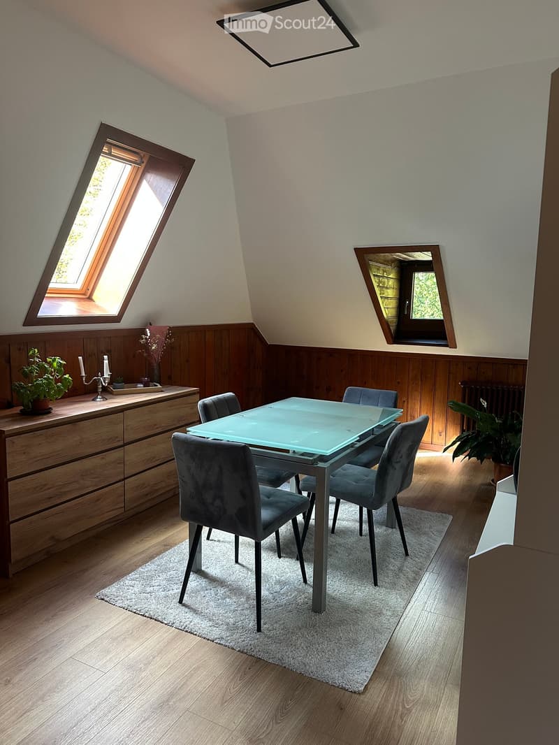 Modern dining area with a glass table, grey upholstered chairs, wooden cabinet, and decorative plants.