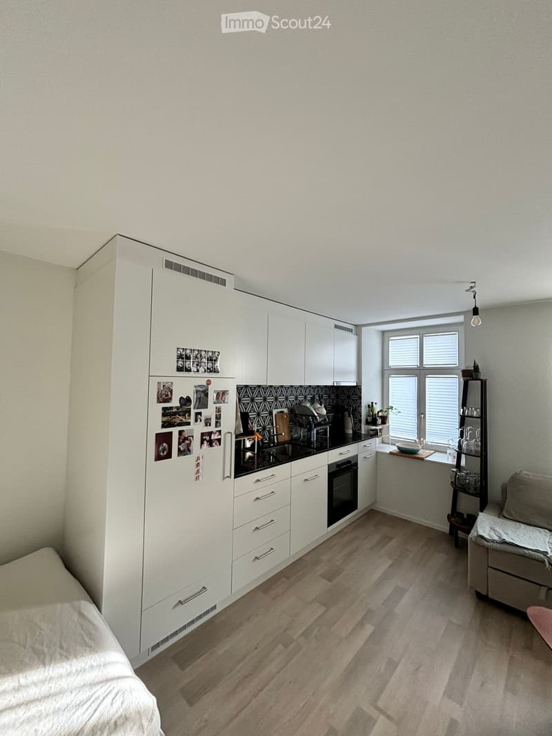 A modern, open-concept living space with a kitchen area featuring white cabinets, a black countertop, and stainless steel appliances. A bed is visible on the left, and a sofa is on the right. The room has wooden flooring and large windows letting in natur