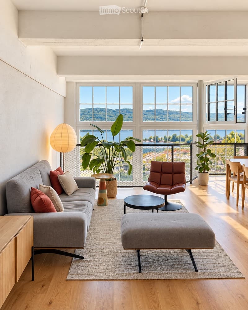 Modern living room with large windows offering a scenic view, featuring a grey sofa with red and beige pillows, an ottoman, a coffee table, a red leather chair, a dining table with chairs, and potted plants.