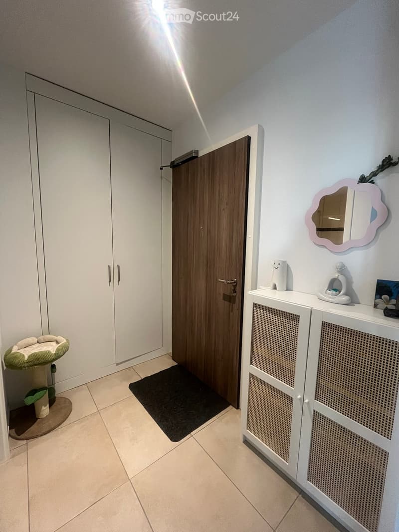 A small, well-lit hallway with a cat tree, a white cabinet, a decorative mirror, and a picture frame on the wall.